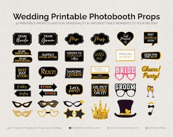 40 Black Gold White Wedding Printable Photobooth Props | DIY Photobooth Signs | Instant Download