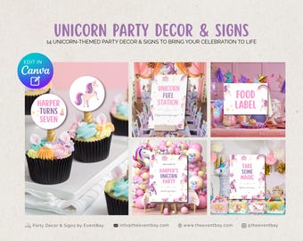 Unicorn Birthday Party Decor Bundle: Printable Invitation, Banner & Signs (Digital Download)
