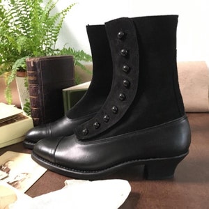 Vintage Boots, Retro Boots     Black leather & Black suede Victorian Ladies BUTTON Boots  AT vintagedancer.com
