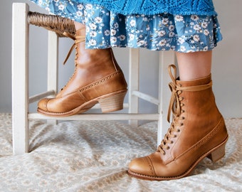 Round toe Victorian Walking Lace up Boots in Tan & Natural sole (New calf variations!)