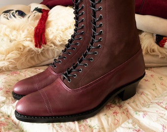 Edwardian Two tone Pointy toe Lace up Boots in Soft suede Aubergine