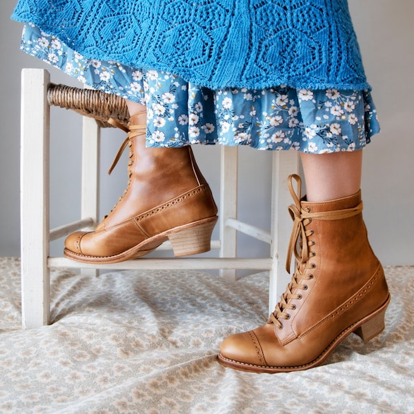 IN STOCK. Tan & Natural sole Victorian Ladies "Round toe" Lace up Boots