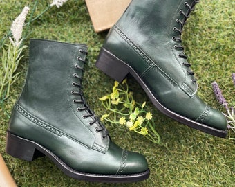 Botanical Green, Victorian Ladies "Round toe" Lace up Boots