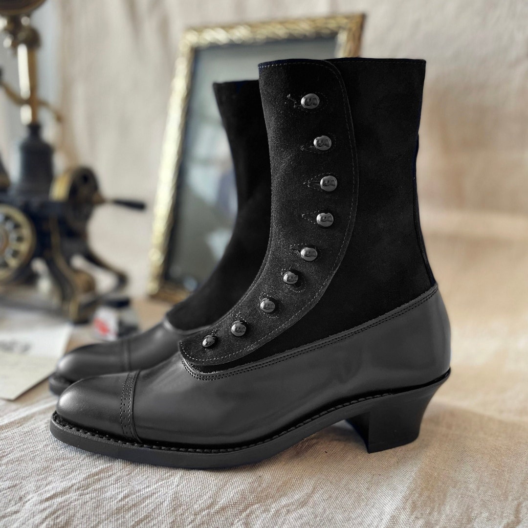 Black Leather & Black Suede Victorian Ladies BUTTON Boots Etsy