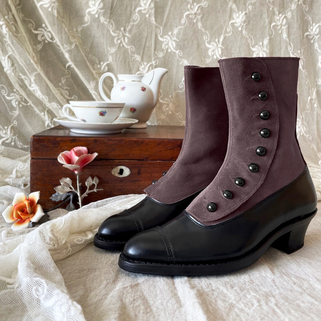 ブラックレザー＆オーベルジーヌスエードのビクトリアンレディース