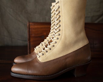 ¡Solo uno en stock! colores primaverales. Botas puntiagudas bicolor ante marrón medio y crema