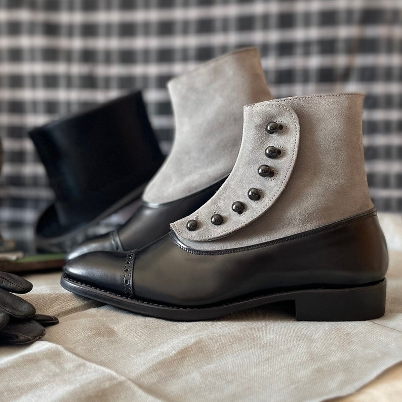 Victorian Men’s Shoes & Boots- Lace Up, Spats, Chelsea, Riding  Men  Black and Grey Victorian Mens Button Boots  AT vintagedancer.com