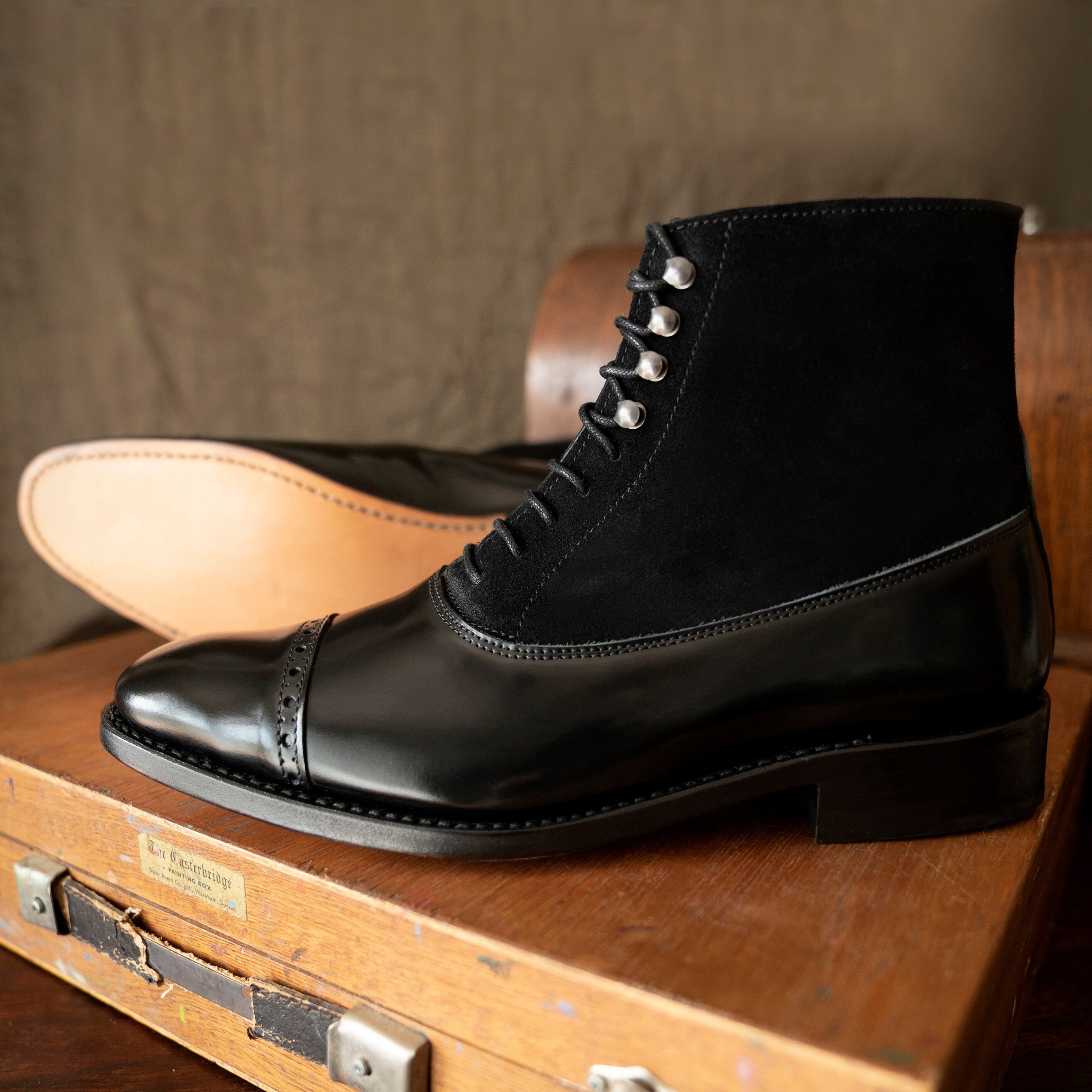 NEW Black Leather Black Suede Victorian Balmoral Lace up Boots