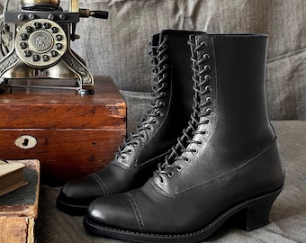 Black Edwardian Pointy toe Lace up Boots