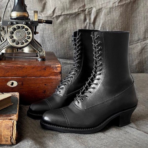 Black Edwardian Pointy toe Lace up Boots
