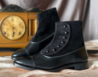 All black leather and suede Victorian Men's Button Boots