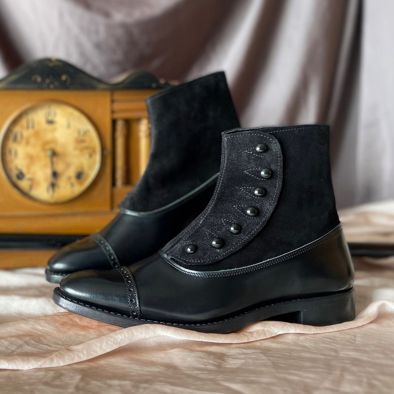 Victorian Men’s Clothing, Fashion – 1840 to 1890s     All black leather and suede Victorian Mens Button Boots  AT vintagedancer.com