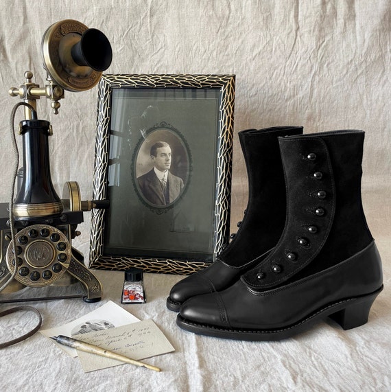 Black leather & Black suede Victorian Ladies BUTTON Boots