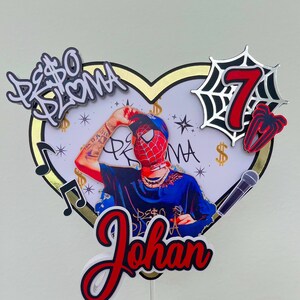 Puede incluir: Un topper para pastel en forma de coraz&oacute;n con un borde dorado y un fondo blanco. El topper presenta una foto de una persona que lleva una m&aacute;scara de Spiderman y una camisa azul. El texto "Johan" est&aacute; escrito en letras rojas y doradas en la parte inferior del topper. Tambi&eacute;n hay varias otras decoraciones en el topper, incluyendo un micr&oacute;fono, una telara&ntilde;a y un n&uacute;mero 7.