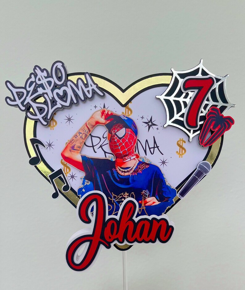 Puede incluir: Un topper para pastel en forma de coraz&oacute;n con un borde dorado y un fondo blanco. El topper presenta una foto de una persona que lleva una m&aacute;scara de Spiderman y una camisa azul. El texto "Johan" est&aacute; escrito en letras rojas y doradas en la parte inferior del topper. Tambi&eacute;n hay varias otras decoraciones en el topper, incluyendo un micr&oacute;fono, una telara&ntilde;a y un n&uacute;mero 7.