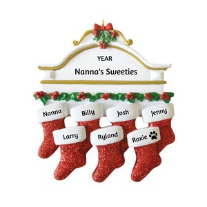 Personalized Mantle Family Ornament - Family of 7 Ornament, Seven Stockings Hanging on Mantle, Grandchildren Ornament, Gift for Grandparents