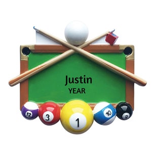 Personalized Pool Ornament - Billiards Holiday Christmas Ornament - Pool Balls with Pool Stick Hand Christmas Ornament - Pool Player Gifts