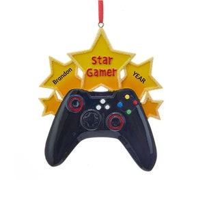 Personalized Video Game Ornament - Video Game Controller Christmas Ornament - Video &quot;Star Gamer&quot; Personalized Ornament - Black Game Control