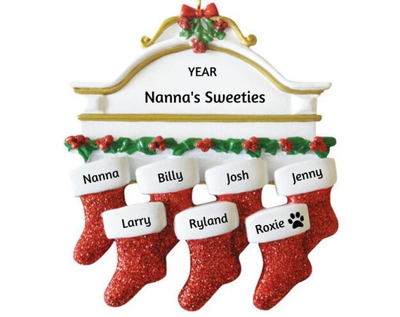 Family of 7 - Seven Red Glitter Stockings Hanging on Mantle - Family of Seven Hand Personalized Christmas Ornament 2022