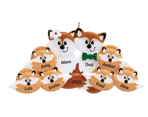 Family of 8 Tan Foxes Christmas Ornament - Foxy Family of Eight Hand Personalized Christmas Ornament 2022