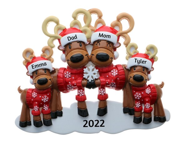 Family of 4 Christmas Ornament - Reindeer Family of Four with Ugly Christmas Sweaters Hand Personalized Christmas Ornament 2022