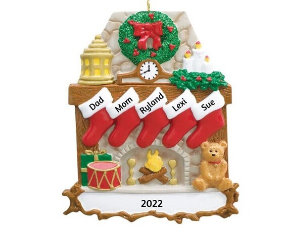 5 Stockings Hanging from Mantle Personalized Christmas Ornament - Traditional Five Red Stockings Hanging over Fireplace Ornament 2022