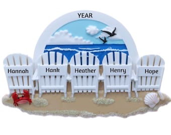 Personalized Beach Family Ornament - 5 White Beach Chairs, Family Of 5 at the Beach Christmas Ornament - Beach Trip, Spring Break Beach Week