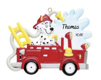 Personalized Dog in Firetruck Christmas Ornament - Paw Patrol Marshall Ornament - Fire Truck Ornament - Free Customization