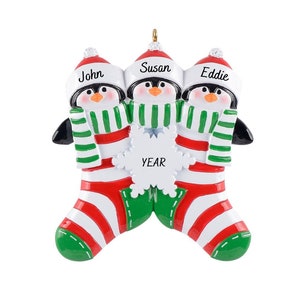 Personalized Penguin Family Ornament - Custom Family of 3 Penguins Ornament - 3 Penguins in Christmas Stockings with Snowflake Ornament