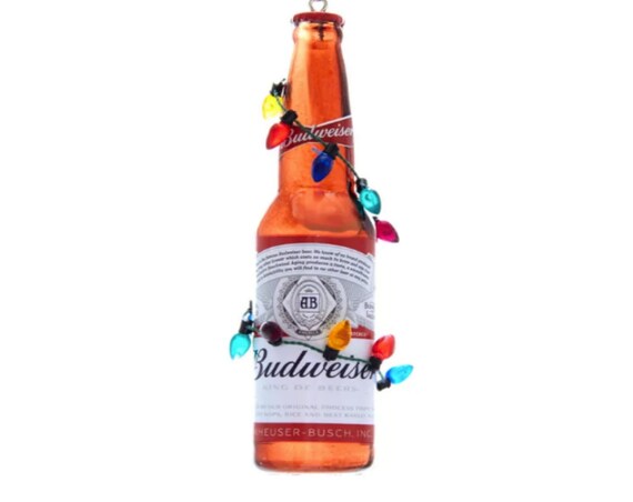 Budweiser Bottle With Festive Colorful Christmas String Light Bulbs Ornament 2022 - Miniature Budweiser Bottle Ornament