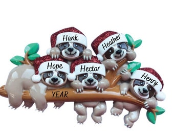 Personalized Sloth Family Ornament - 5 Sloths Ornament - Sloth Family of 5 Personalized Christmas Ornament - Custom Family Ornament