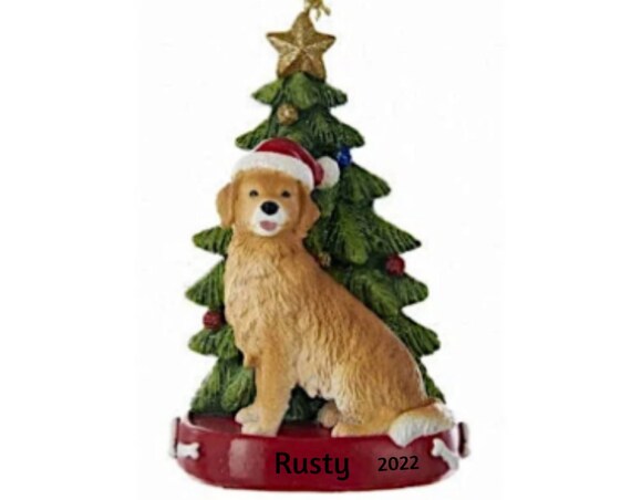 Golden Retriever with Santa Hat by Festive Christmas Tree Personalized Christmas Ornament- Golden Retriever Dog Hand Personalized Ornament