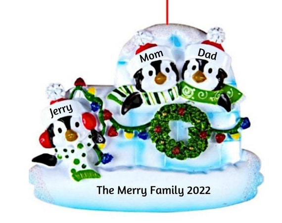 3 Penguins in a Festive Igloo Personalized Ornament - Family of Three - Hand Personalized Christmas Ornament 2022