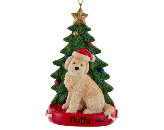 Goldendoodle with Santa Hat by Festive Christmas Tree Personalized Christmas Ornament- Goldendoodle Dog Personalied Ornament 2022