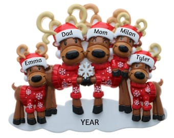 Personalized Reindeer Family Ornament - Family of 5 Ornament - Reindeer Family of Five with  Christmas Sweaters Christmas Ornament