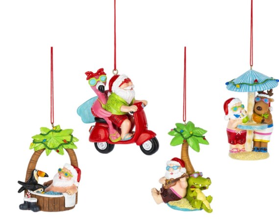 Santa at the Beach Holiday Christmas Ornament - Santa with Toucan, Flamingo, Alligator and Reindeer at the Beach Christmas Ornament