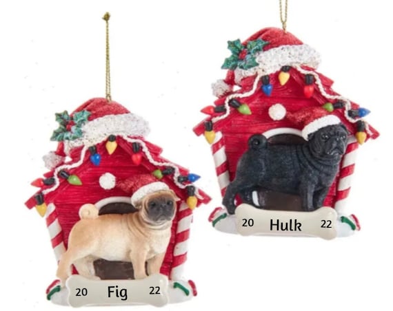 Pug With Festive Dog House Personalized Christmas Ornament- Black or Beige Pug Dog Personalized Ornament 2022