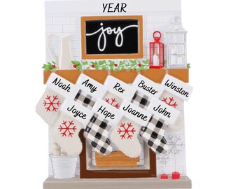 9 Stockings Hanging on Modern Mantle - Joyful Mantle Family of Nine Stockings Hand Personalized Christmas Ornament