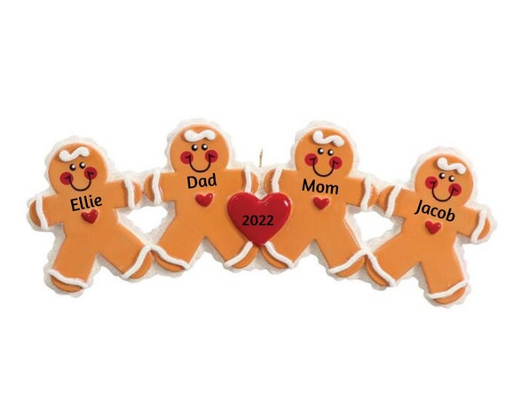 Gingerbread Family of 4 with Heart Christmas Ornament- Four Gingerbread Cookies Hand Personalized Family Ornament 2022