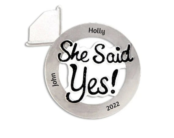She Said Yes! Glittery Diamond Ring Engagement Couple Hand Personalized Holiday Christmas Ornament 2022