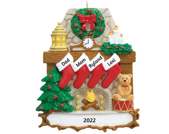 4 Stockings Hanging from Mantle Personalized Christmas Ornament - Traditional Four Red Stockings Hanging over Fireplace Ornament 2022