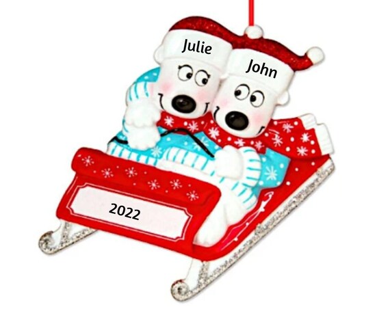 2 Polar Bears on a Sled Personalized Christmas Ornament - Polar Bear Couple, Friends or Siblings on Sled Hand Personalized Ornament 2022