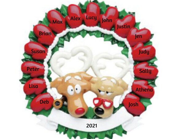 Reindeer Family of 15 Mittens Christmas Ornament - Mitten Wreath Family of Fifteen Personalized Christmas Ornament 2022