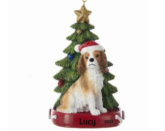 Cavalier King Charles Spaniel with Santa Hat by Festive Christmas Tree Personalized Christmas Ornament- Cavalier King Charles Ornament 2022