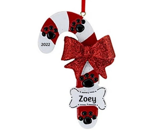 Glittery Dog Candy Cane with Paw Prints Personalized Christmas Ornament - Peppermint Dog Candy Cane - Hand Personalized Christmas Ornament