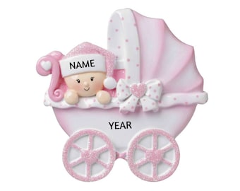 Baby's First Christmas - Baby Girl in a Pink Carriage Hand Personalized Christmas Ornament