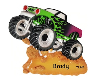 Monster Truck with Green Flames Personalized Christmas Ornament  2024