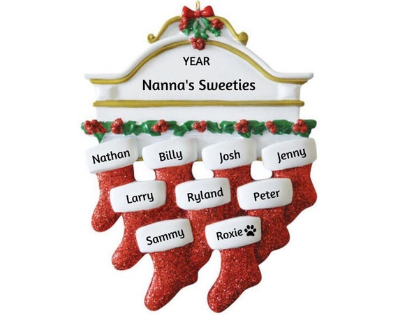 Family of 9 - Nine Red Glitter Stockings Hanging on Mantle - Family of Nine Hand Personalized Christmas Ornament 2022