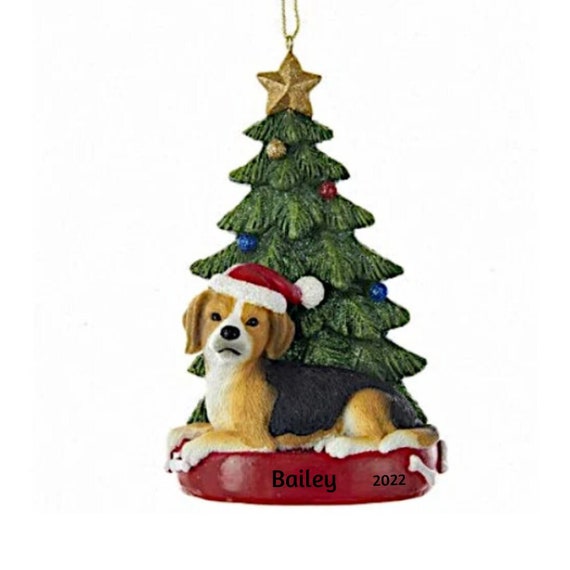 Beagle with Santa Hat by Festive Christmas Tree Personalized Christmas Ornament- Beagle Dog Personalized Ornament 2022