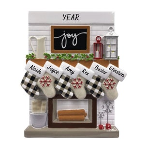 Personalized Stockings Family Ornament - 6 Stockings Hanging on Modern Mantle - Joyful Mantle Family of Six Stockings Ornament